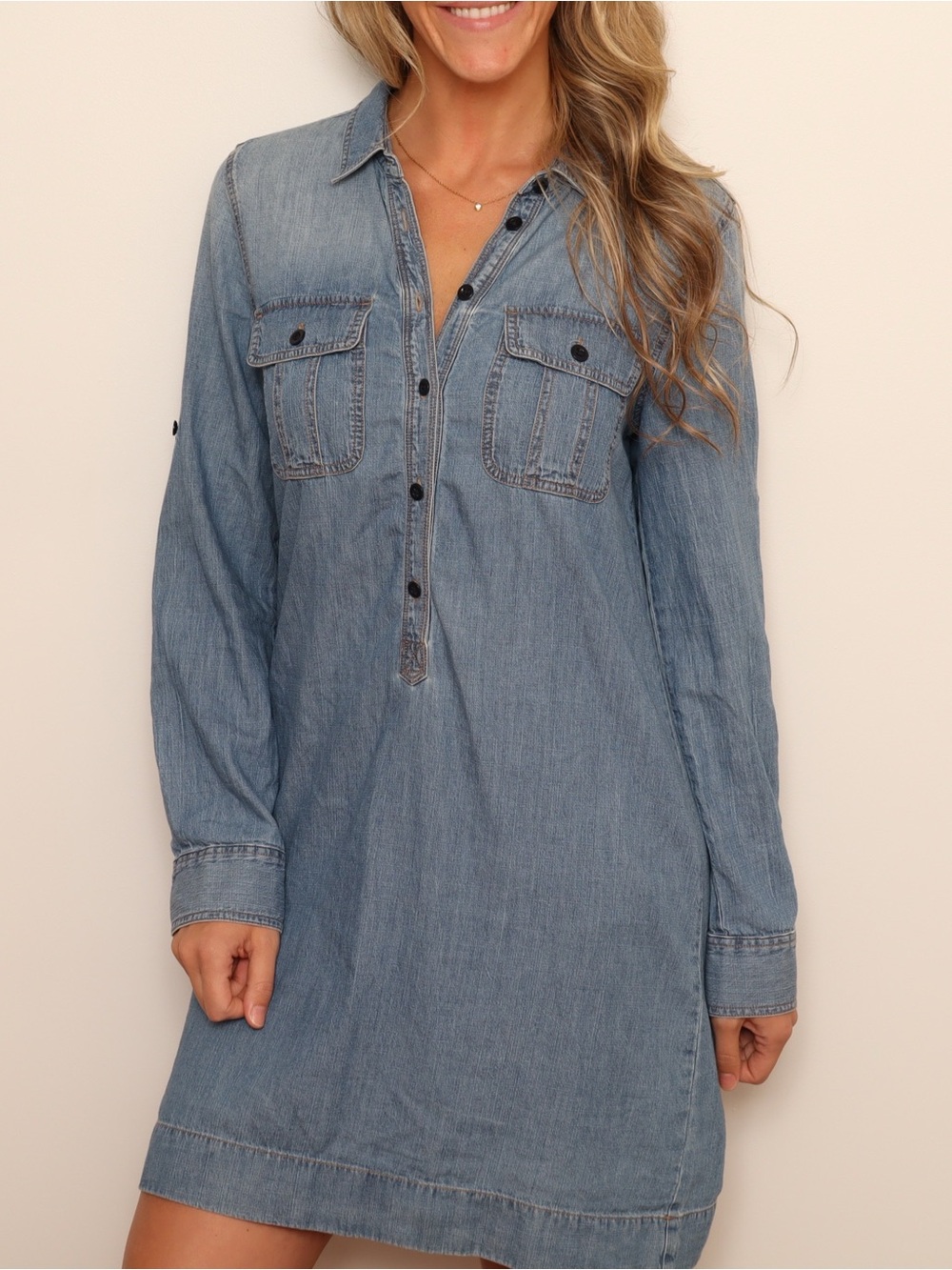 J.Crew Denim Chambray Shirt Dress Blue 100% Cotton Utility Mini Dress